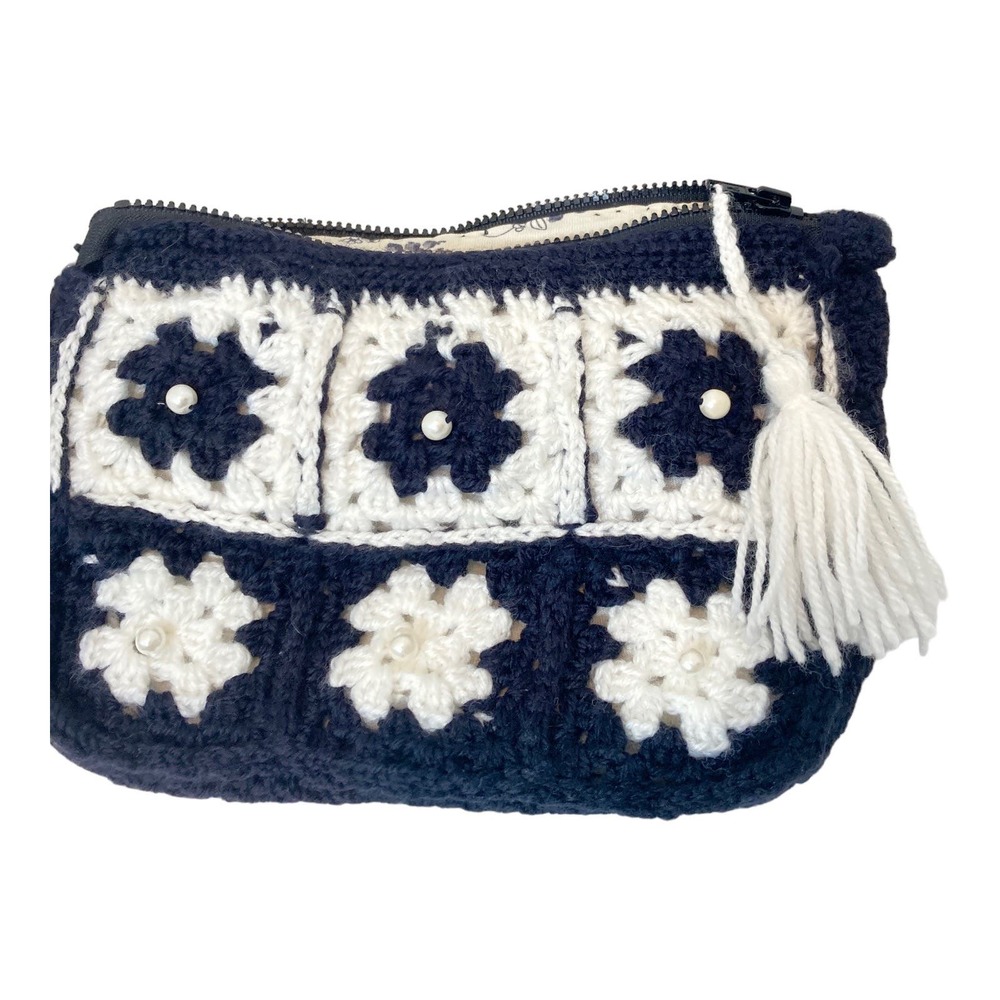 Vintage Granny Square Zip Bag Black & White with Pearls Handmade